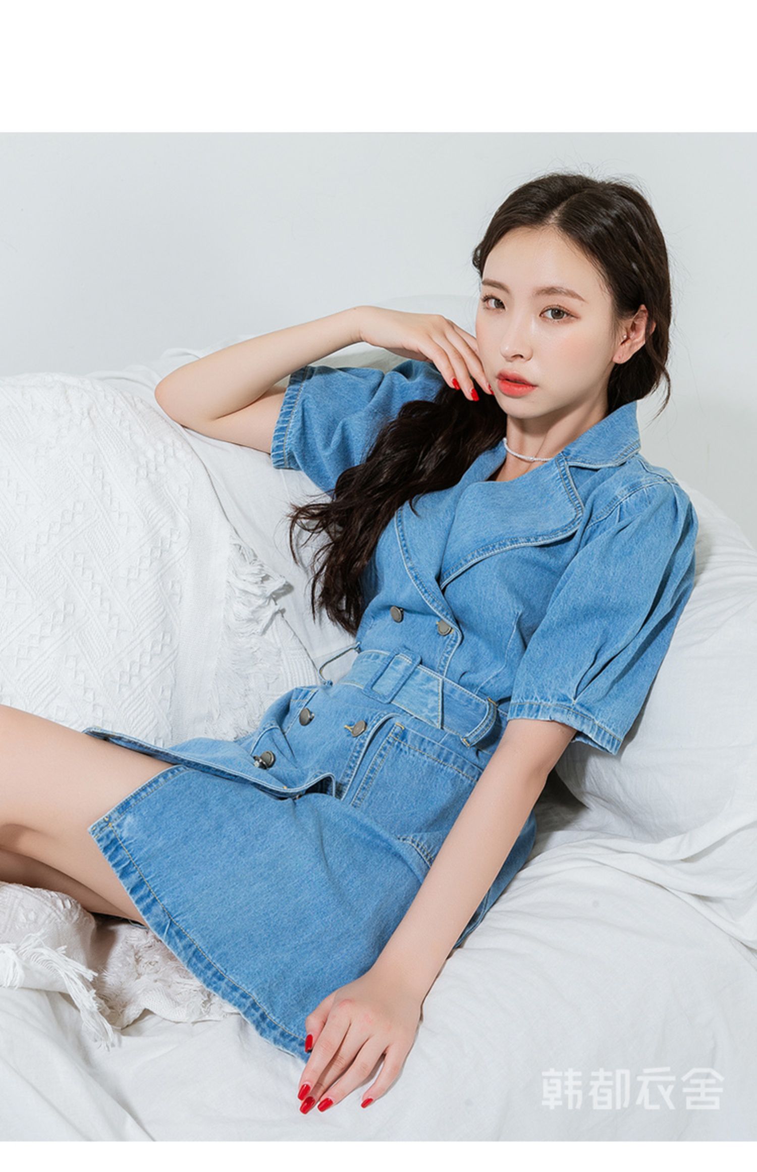 韩都衣舍2020夏季新款复古腰带显瘦宽松牛仔连衣裙女rj5099禧