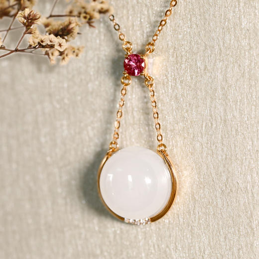 18K玫瑰金和田玉（白玉）镶钻项链--启明星 半珠直径12mm/链长40+2cm 商品图1