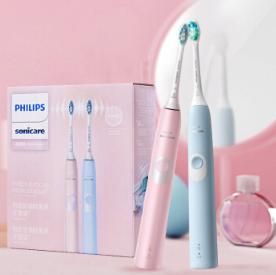 飞利浦(PHILIPS) 电动牙刷 净齿呵护型 成人声波震动牙刷 情侣套装 HX6805/34 优雅蓝+烂漫粉 商品图2