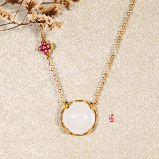 18K玫瑰金和田玉（白玉）镶钻项链--幸运之星  半珠直径12mm/链长40+2cm 商品图0