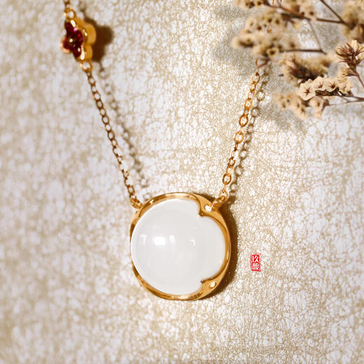 18K玫瑰金和田玉（白玉）镶钻项链--幸运之星  半珠直径12mm/链长40+2cm 商品图1