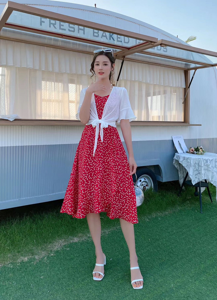 mag west唛希 2020款仙女夏装连衣裙爱心吊带裙子薄雪纺防晒衣外套超