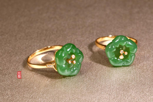 18K玫瑰金和田玉（碧玉）镶钻戒指--暗香疏影  /梅花15mm/ 阳绿(圈口请留言备注) 商品图2