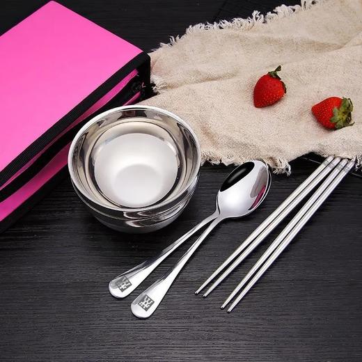 双l人碗筷子勺子6件套装户外上学上班便携餐具