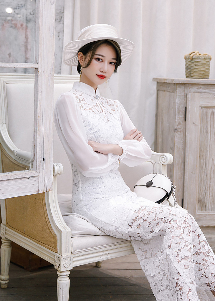 syk28240改良年轻泡泡袖长款蕾丝旗袍2020夏新款长袖旗袍