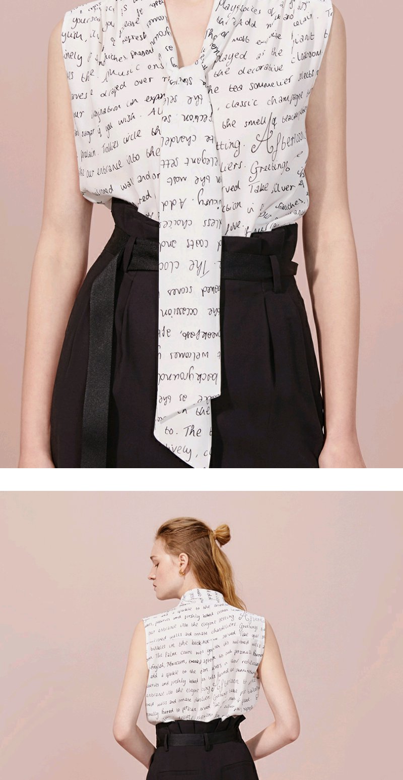 ochirly欧时力2020新款夏装v领绑带字母印花无袖衬衫女1ry2010400