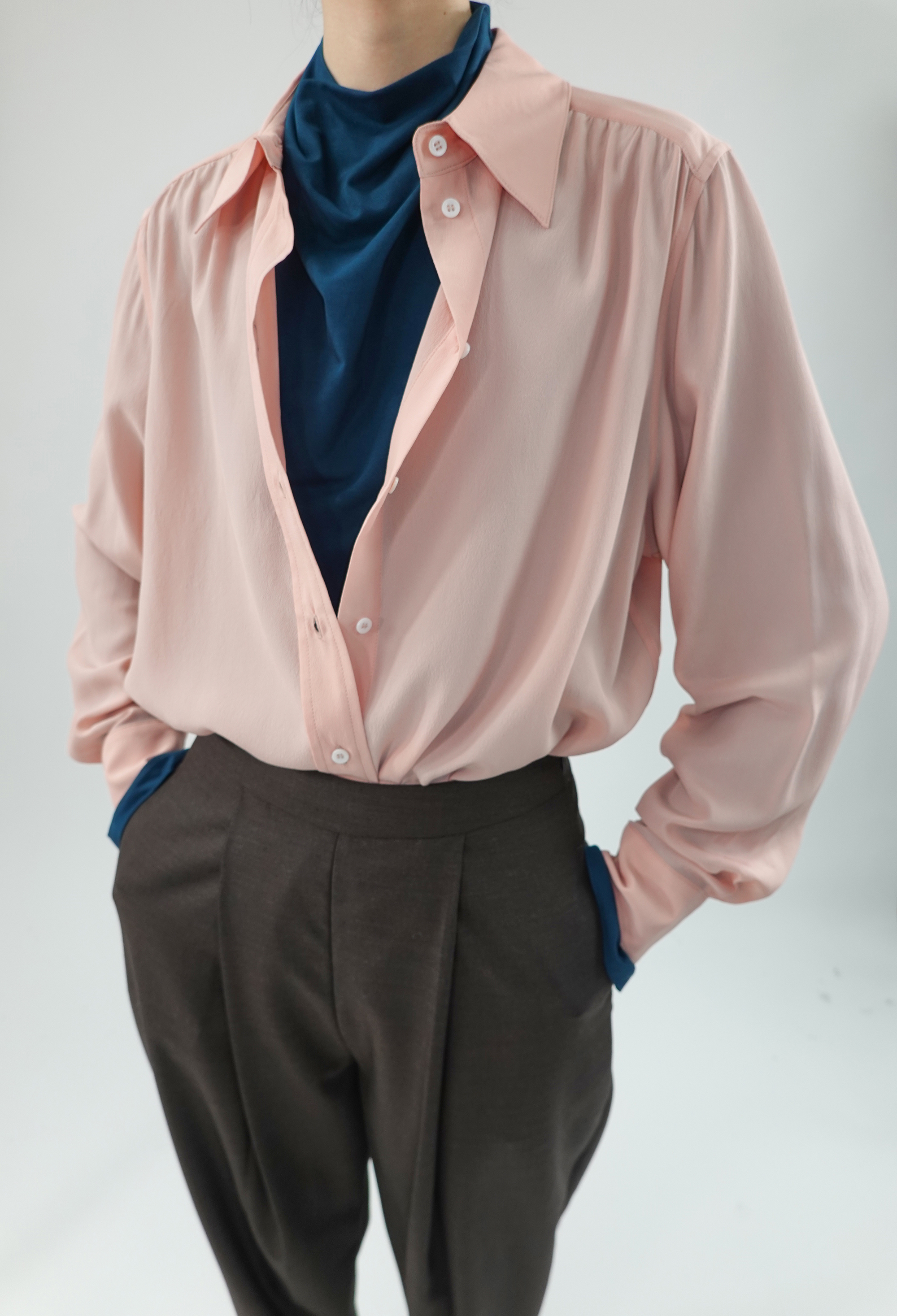 hidemi薄纱裸粉色织真丝双绉简约款衬衫