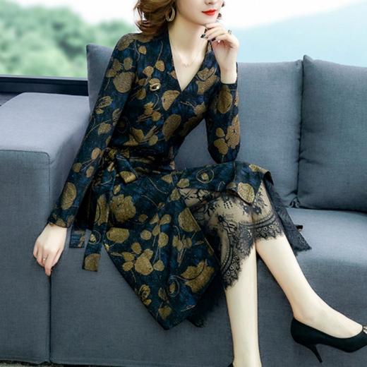 洋气贵妇v领蕾丝印花拼接连衣裙(货号 ny1757)