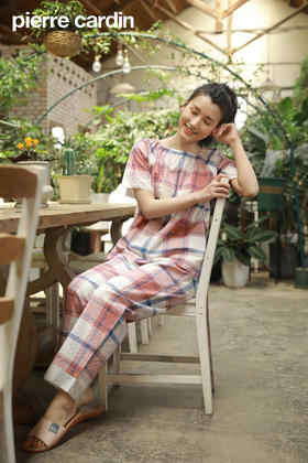 皮尔卡丹线上专供款梦境伊甸园纯棉女式一字领短袖家居服睡衣套装WP240300