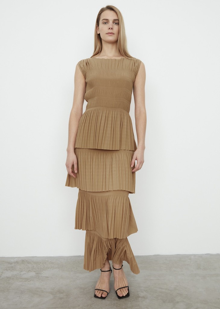 toteme 20pf aramon 黑色/卡其色褶皱层叠无袖连衣裙