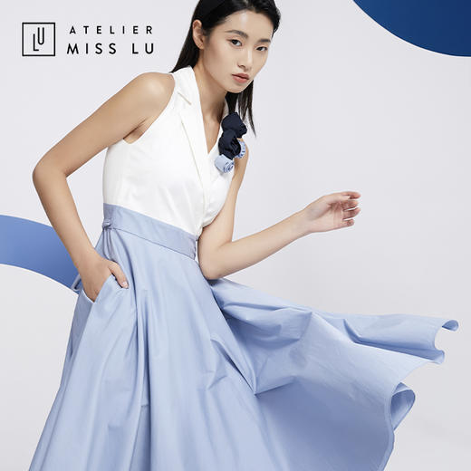 AtelierMissLu—蓝白拼色花朵装饰复古连身裙/0000608 商品图1