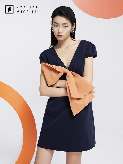 AtelierMissLu—蓝橘撞色大蝴蝶结连身裙/0000606 商品图3