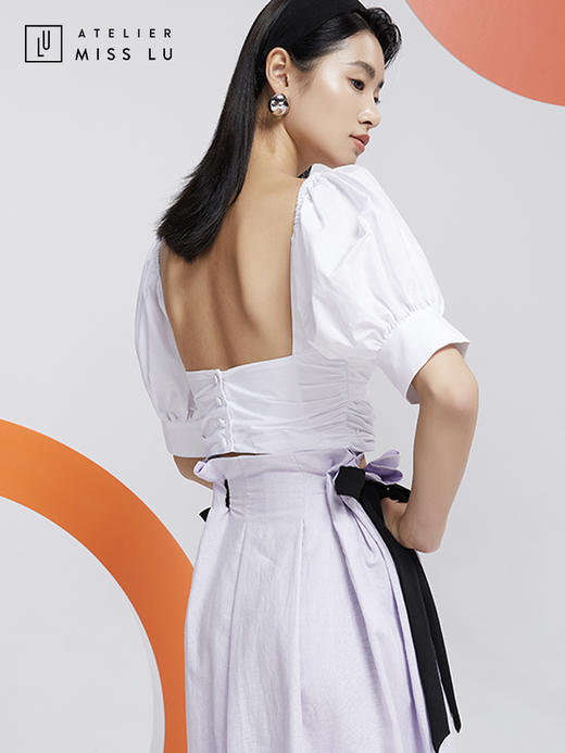 AtelierMissLu—白色泡泡袖露背短衬衣/00157 商品图4