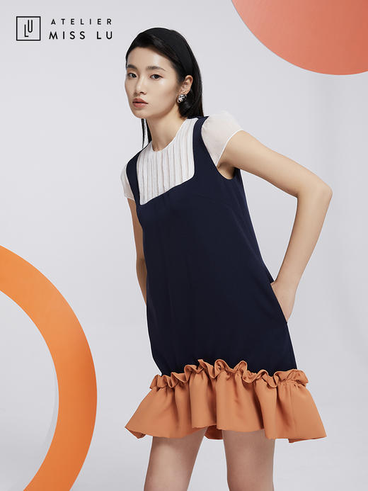 AtelierMissLu—蓝橘撞色趣味下摆连身裙/0000605 商品图1