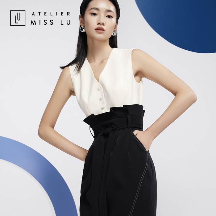 AtelierMissLu—黑白马甲高腰连身裙/0000598