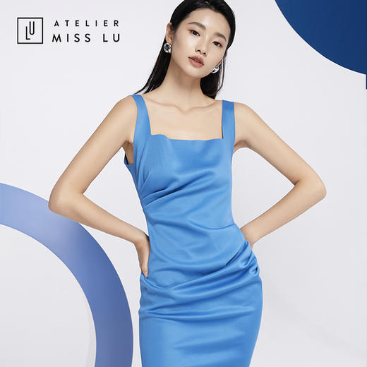 AtelierMissLu—复古蓝方领褶皱修身连身裙/0000617A 商品图4