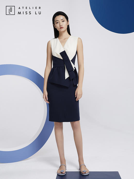 AtelierMissLu—藏青拼白腰结设计感连身裙/0000581 商品图3