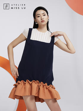 AtelierMissLu—蓝橘撞色趣味下摆连身裙/0000605