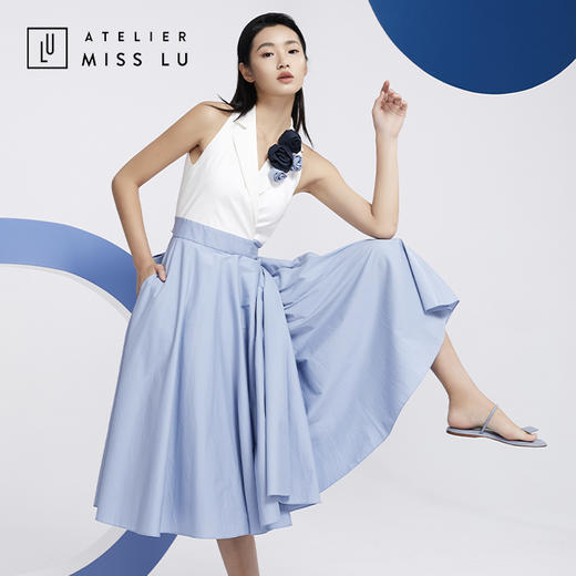 AtelierMissLu—蓝白拼色花朵装饰复古连身裙/0000608 商品图5