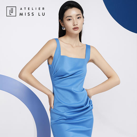 AtelierMissLu—复古蓝方领褶皱修身连身裙/0000617A 商品图5