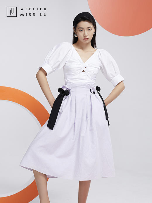 AtelierMissLu—白色泡泡袖露背短衬衣/00157 商品图2