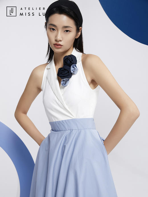 AtelierMissLu—蓝白拼色花朵装饰复古连身裙/0000608 商品图3