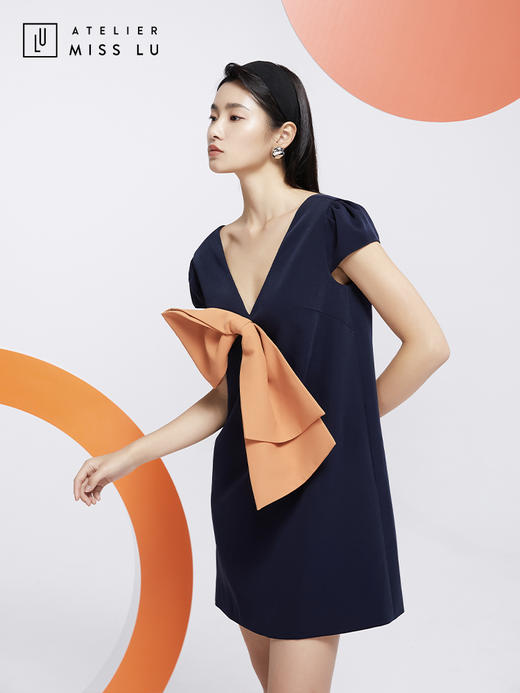 AtelierMissLu—蓝橘撞色大蝴蝶结连身裙/0000606 商品图1