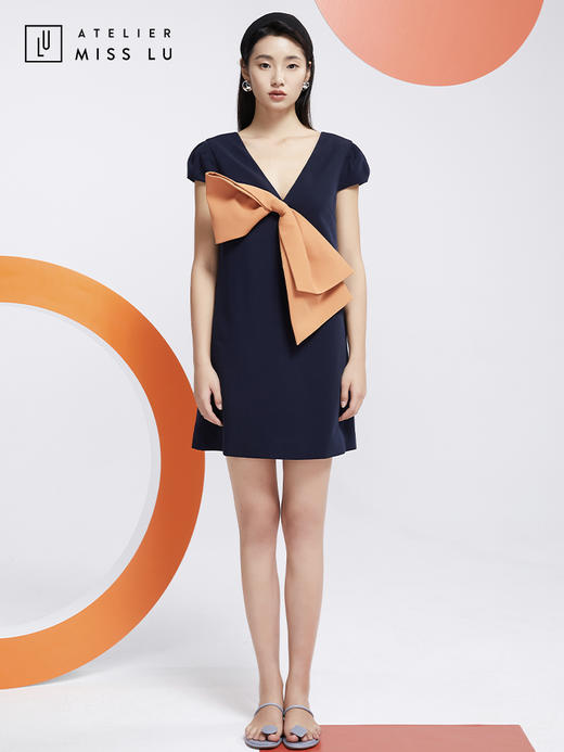 AtelierMissLu—蓝橘撞色大蝴蝶结连身裙/0000606 商品图4