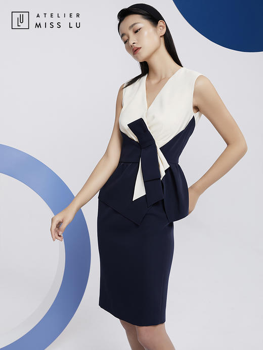 AtelierMissLu—藏青拼白腰结设计感连身裙/0000581 商品图1