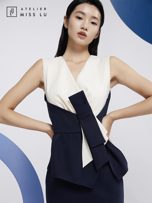 AtelierMissLu—藏青拼白腰结设计感连身裙/0000581 商品图0