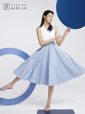 AtelierMissLu—蓝白拼色花朵装饰复古连身裙/0000608