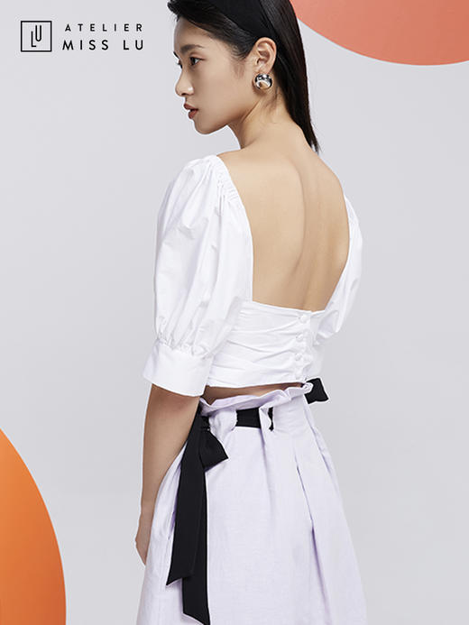 AtelierMissLu—白色泡泡袖露背短衬衣/00157 商品图5
