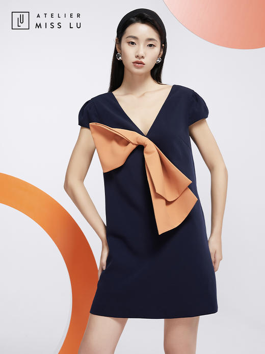 AtelierMissLu—蓝橘撞色大蝴蝶结连身裙/0000606 商品图5