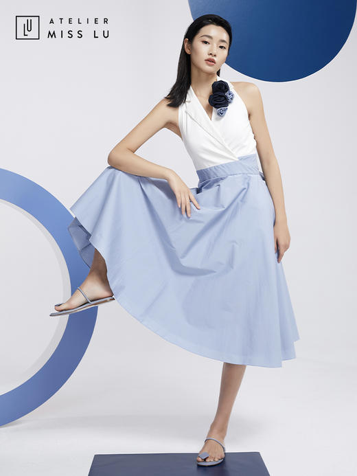 AtelierMissLu—蓝白拼色花朵装饰复古连身裙/0000608 商品图4