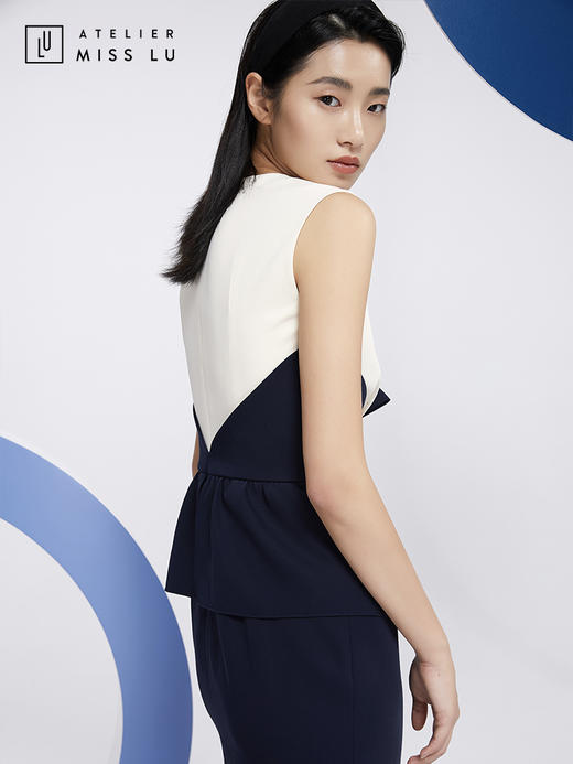 AtelierMissLu—藏青拼白腰结设计感连身裙/0000581 商品图2