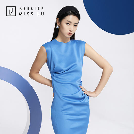 AtelierMissLu—复古蓝褶皱合领连身裙/0000612A 商品图4