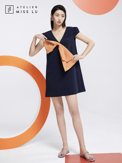 AtelierMissLu—蓝橘撞色大蝴蝶结连身裙/0000606 商品图2