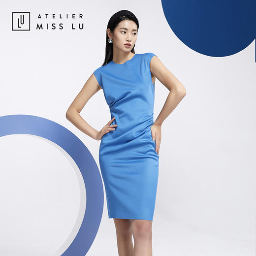 AtelierMissLu—复古蓝褶皱合领连身裙/0000612A 商品图2