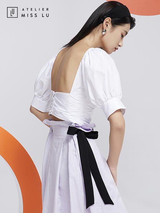 AtelierMissLu—白色泡泡袖露背短衬衣/00157 商品图3