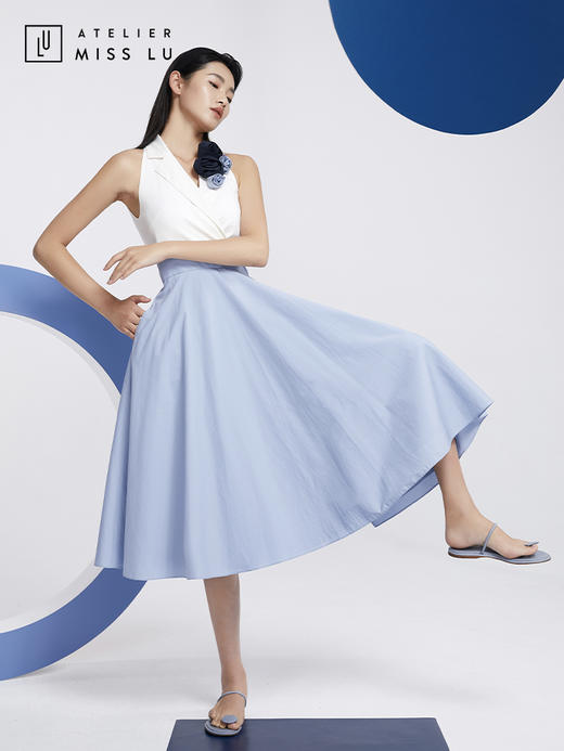 AtelierMissLu—蓝白拼色花朵装饰复古连身裙/0000608 商品图2