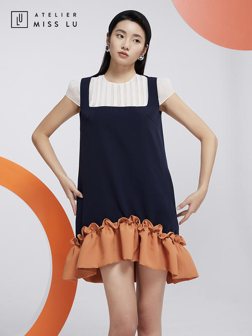 AtelierMissLu—蓝橘撞色趣味下摆连身裙/0000605 商品图4