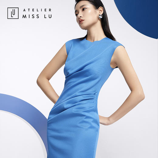 AtelierMissLu—复古蓝褶皱合领连身裙/0000612A 商品图0