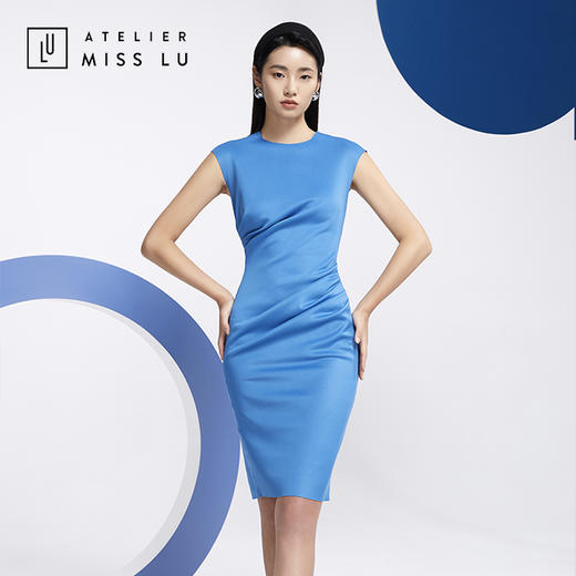 AtelierMissLu—复古蓝褶皱合领连身裙/0000612A 商品图1