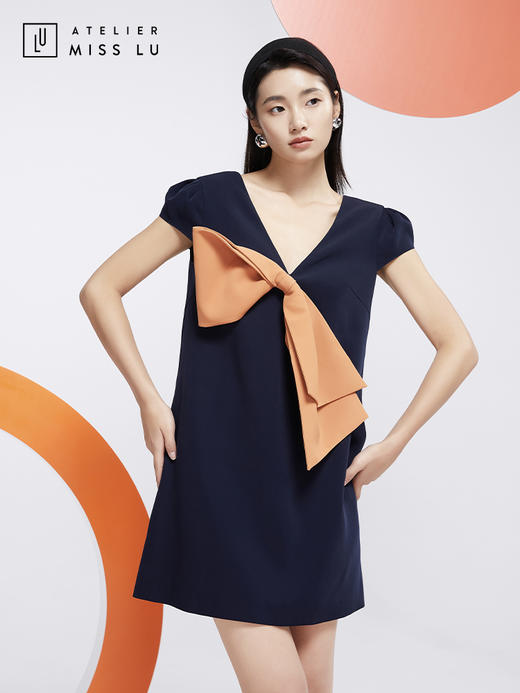 AtelierMissLu—蓝橘撞色大蝴蝶结连身裙/0000606 商品图0