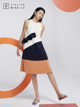 AtelierMissLu—蓝白橘撞色趣味无袖连身裙/0000601