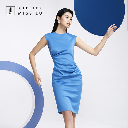 AtelierMissLu—复古蓝褶皱合领连身裙/0000612A 商品图3