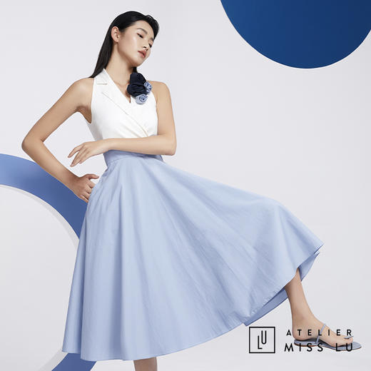 AtelierMissLu—蓝白拼色花朵装饰复古连身裙/0000608 商品图2