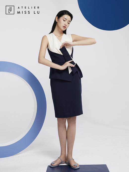 AtelierMissLu—藏青拼白腰结设计感连身裙/0000581 商品图4