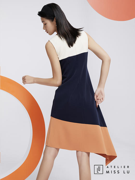 AtelierMissLu—蓝白橘撞色不规则连身裙/0000599 商品图3