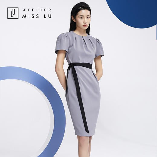 AtelierMissLu—职场大女人高级灰褶皱系带连身裙-0000592 商品图5